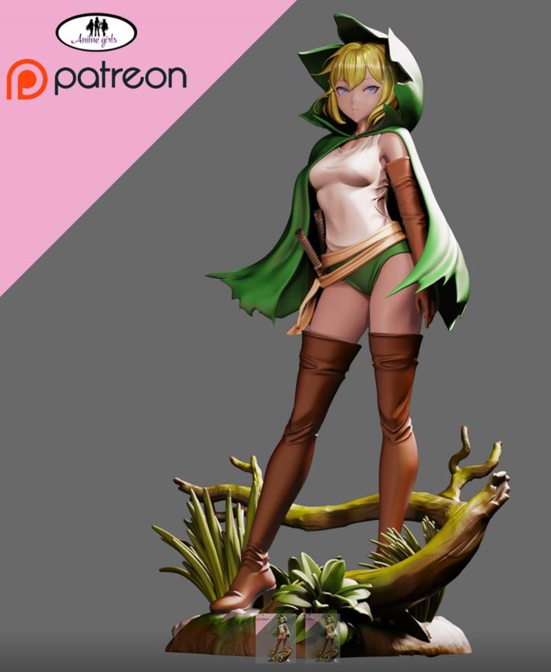 Ryuu Lion anime character 3D model, standing on a forest base, wearing a green hooded cloak, white top, green shorts,...