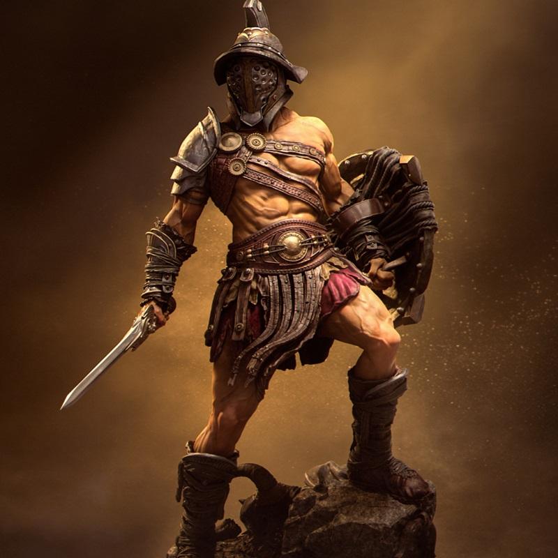 Gladiator Swordsman figure with helmet, sword, and shield, standing on rocks. Detailed armor and muscular physique.
