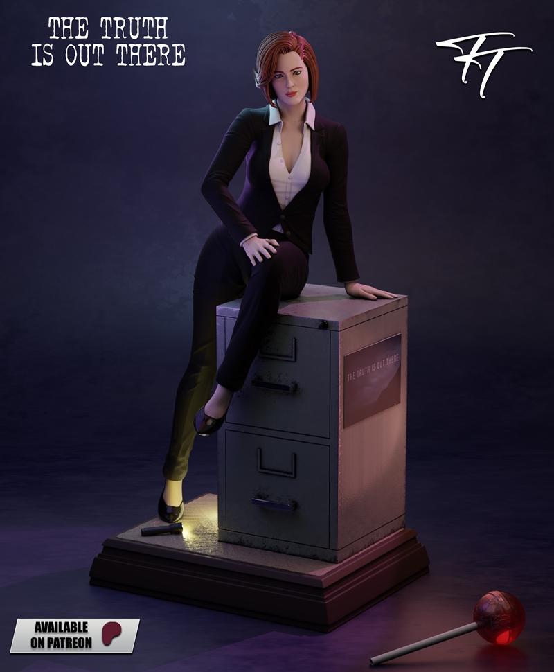 Dana Scully 3D model figure sitting on a filing cabinet, wearing a black suit and white blouse. 'The Truth Is Out The...