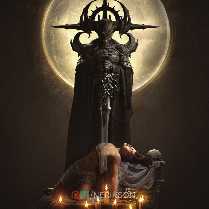 Towering demonic figure in spiked armor and cloak holding a sword, with a large moon behind. A draped female figure l...