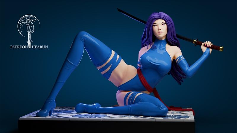 Hearun 3D model of Psylocke from Marvel Comics, posed sensually with a katana, wearing a blue bodysuit and thigh-high...