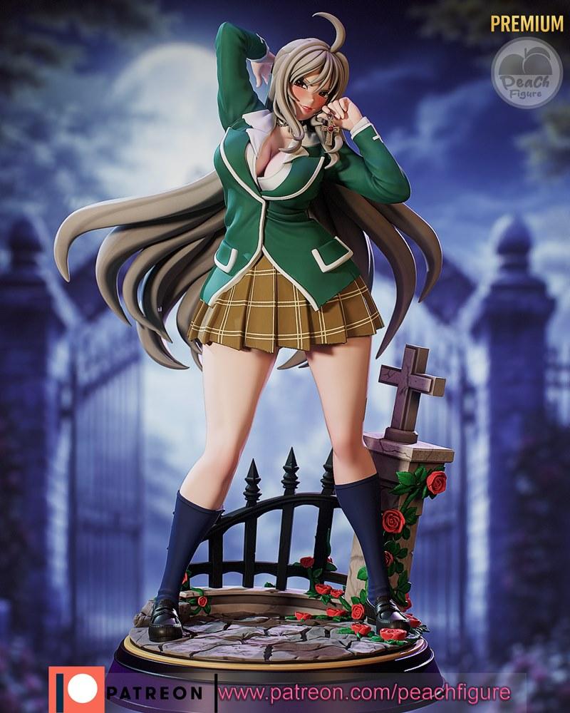 Moka Akashiya 3D figure in green school uniform, plaid skirt, and long silver hair, holding a cross pendant, with a g...