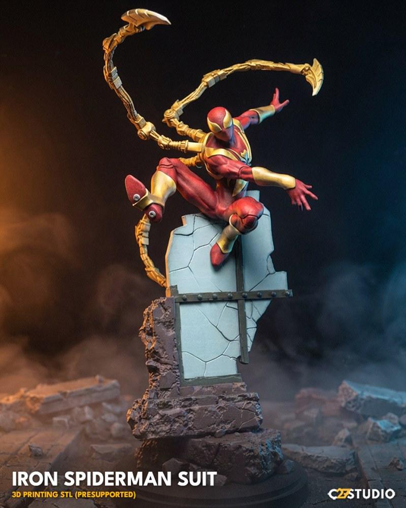 Iron Spiderman Suit 3D model figure in a dynamic action pose, with red and gold armor and four mechanical arms extend...