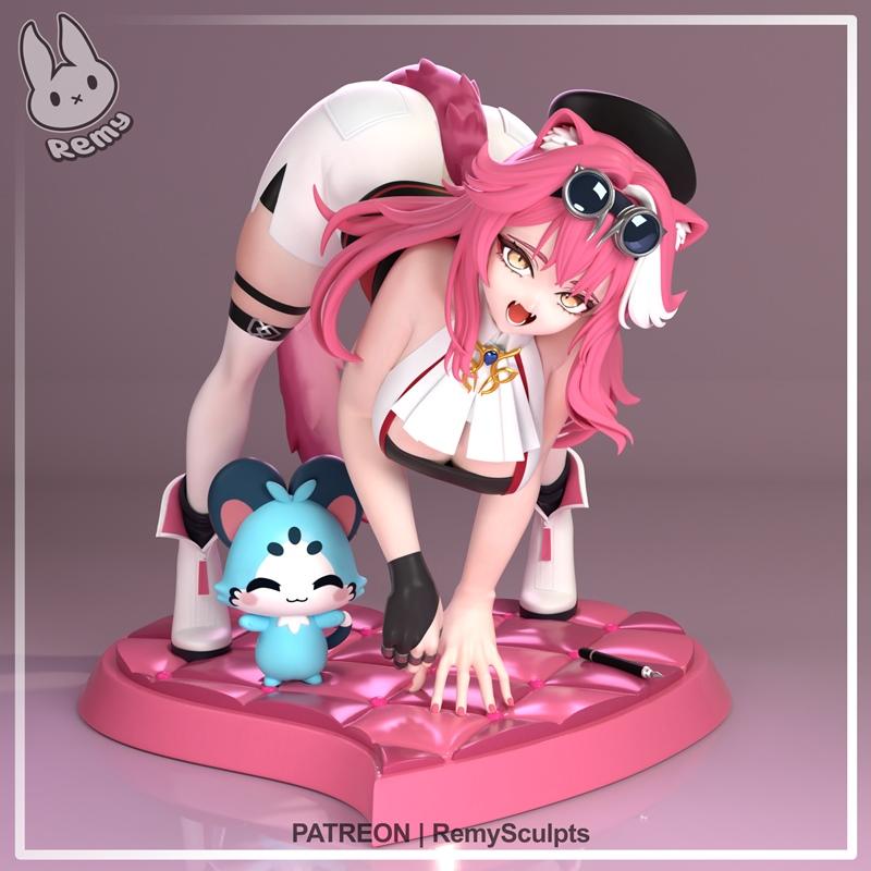Raora, a pink-haired anime-style character with cat ears and tail, crouches on a pink heart base next to a blue creat...