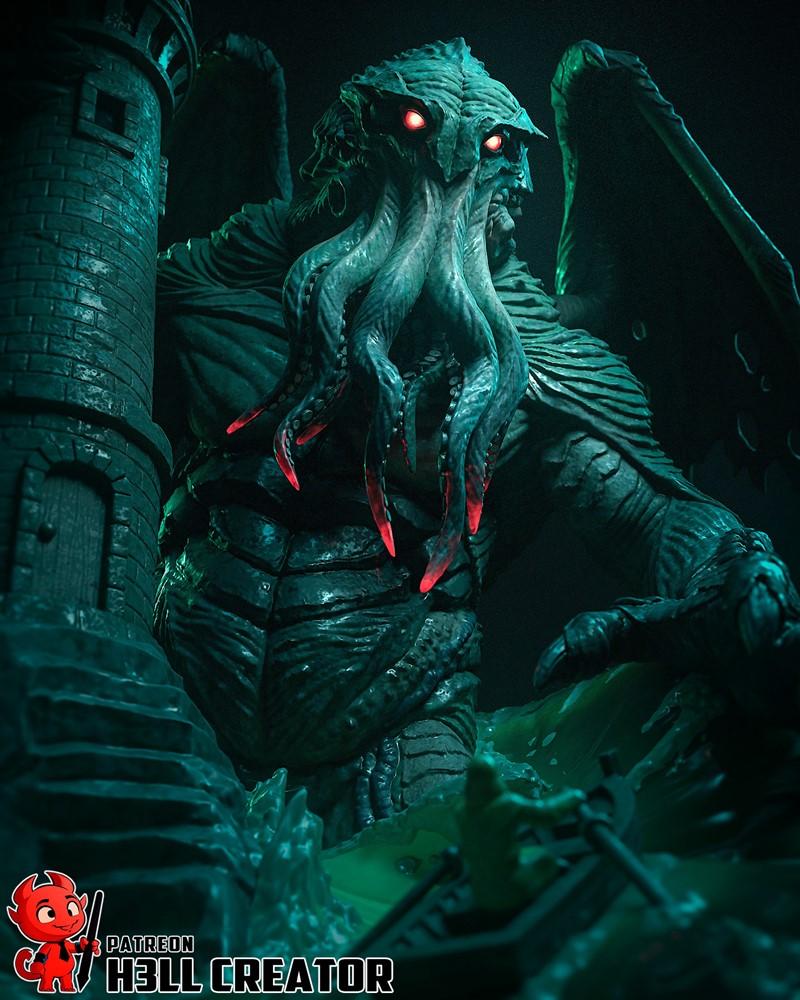 Cthulhu figure with glowing red eyes and green tentacles, standing near a dark tower with wings spread, surrounded by...