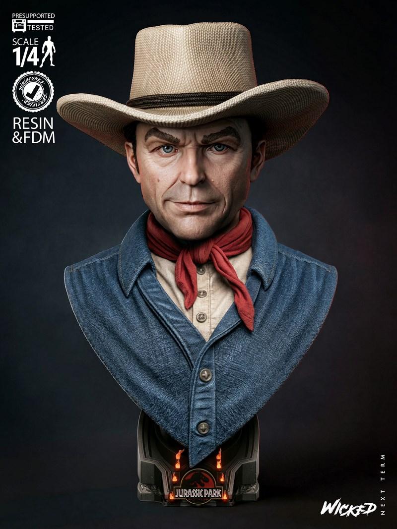 Realistic 3D printable bust of Alan Grant from Jurassic Park, wearing a straw hat, red scarf, and denim shirt. The ba...