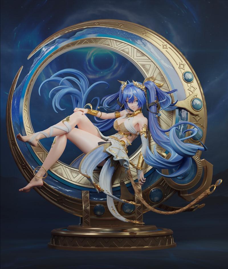 3D model of Wuthering Waves Luno figure in a white and gold outfit, reclining on an ornate golden crescent moon base.