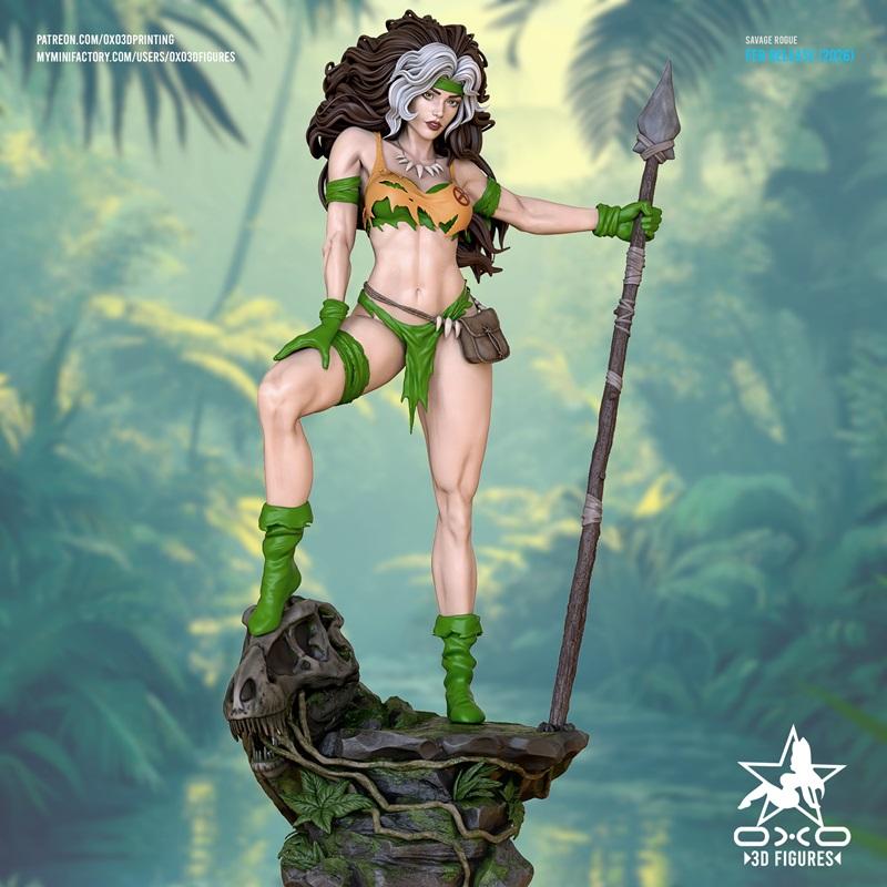 Savage Rogue 3D model figure in tribal jungle attire, holding a spear and standing on a dinosaur skull base. By OXO3D...
