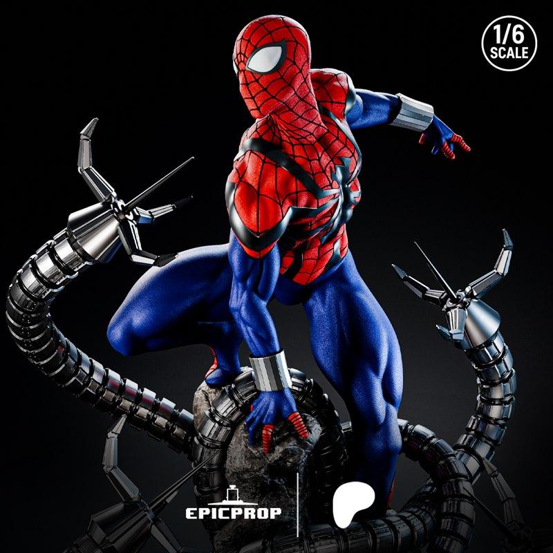1:6 scale 3D print model of Ben Reilly in Spider-Man costume, crouching with mechanical tentacles around him.
