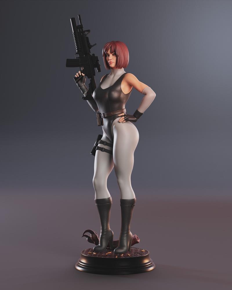 Abe3D Regina 3D model figure, a woman with short red hair wearing a dark bodysuit, thigh holsters, and high-heeled bo...
