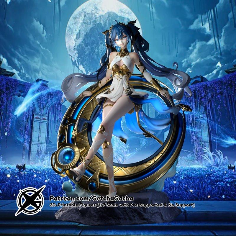 Luno 3D model figure by Getcha Gacha, a female character with blue hair in a white and gold outfit, standing next to...