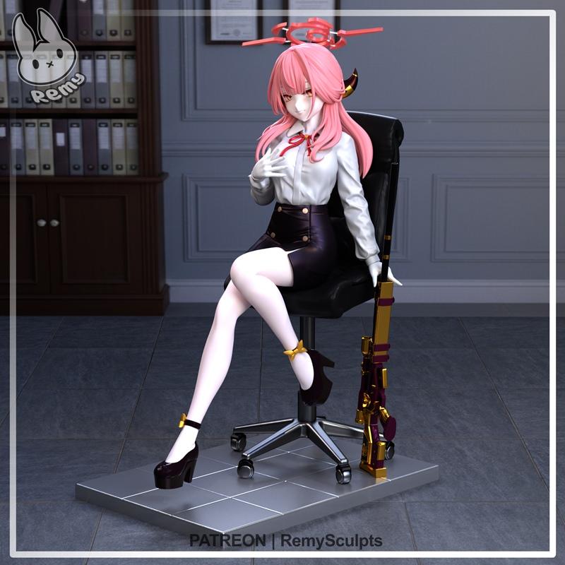 Rikuhachima Aru figure seated in an office chair, wearing a white shirt and black mini-skirt, holding a golden sniper...