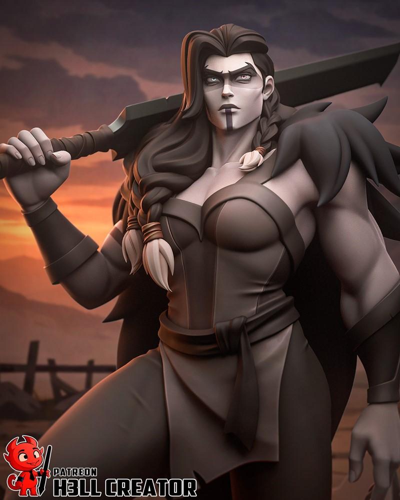 Yasha 3D model figure by H3LL Creator, a female warrior with long braids, face paint, and a large sword over her shou...