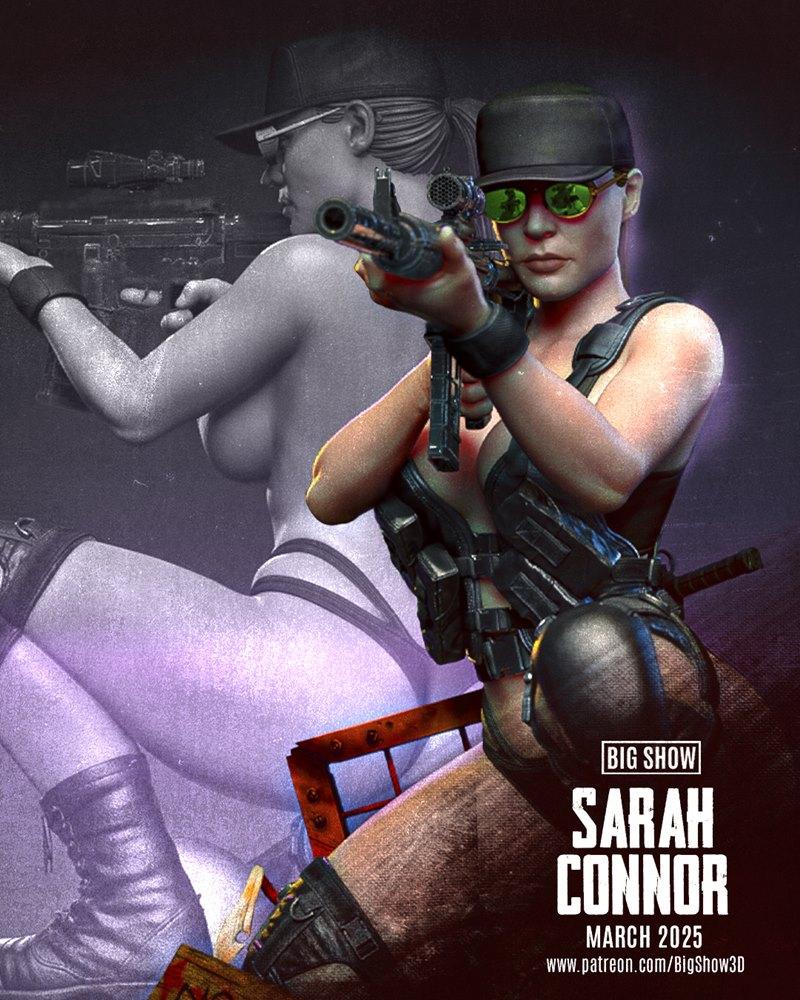 Sarah Connor aiming a rifle, with a desaturated duplicate figure behind her. Tactical gear, sunglasses, and revealing...