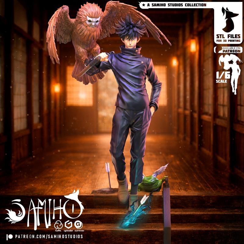 Megumi Fushiguro 3D model with owl and frog familiars, 1/6 scale, dark uniform, holding a knife.