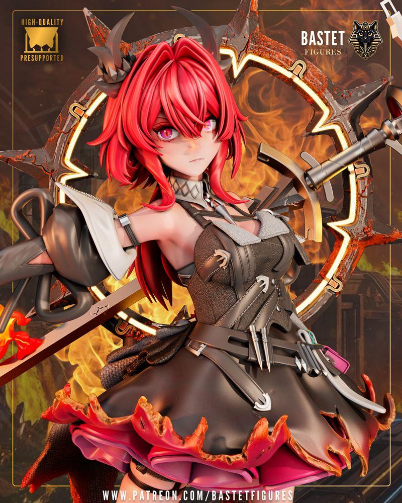 Laevatain 3D model figure by Bastet Figures, a female character with red hair, horns, and a dark outfit, holding a sw...