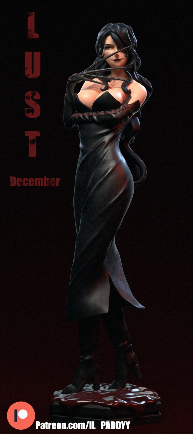 3D model figure of Lust from Fullmetal Alchemist, wearing a black dress and showing long sharp fingernails, standing...