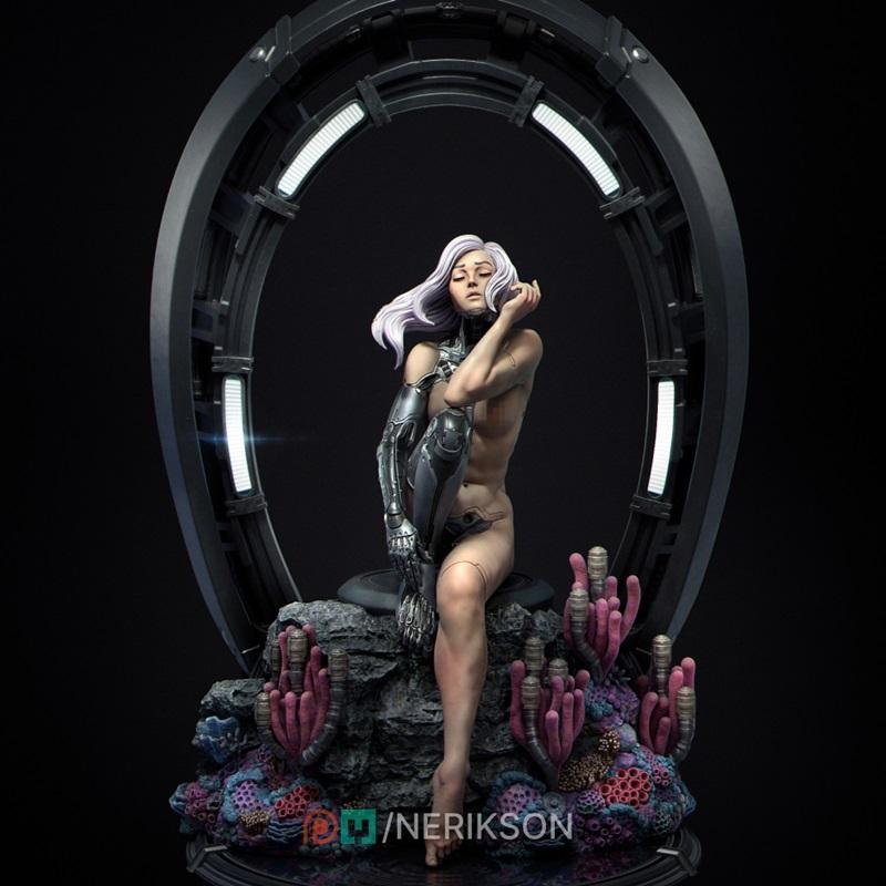 Cyborg woman with purple hair, seated on rocks with alien coral, wearing cybernetic arm and leg prosthetics, against...