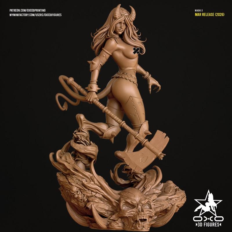 Demonic female figure with horns and tail, wielding an axe and whip, posed dynamically on a skull base. Detailed armo...
