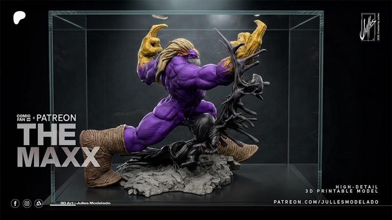 3D printable model of The Maxx, a purple-skinned muscular character with blonde hair, golden hands, and sharp teeth,...