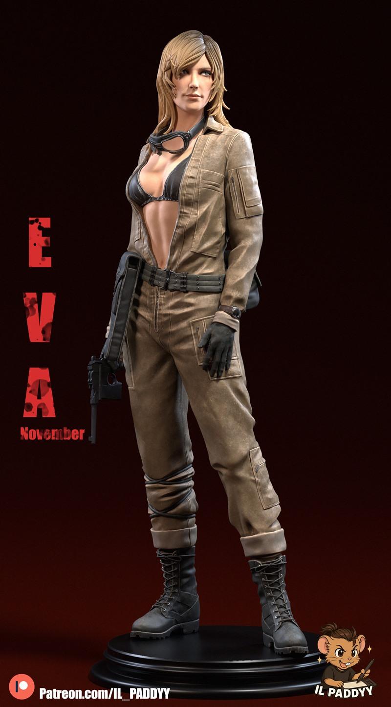 3D model of Eva from Metal Gear Solid, wearing a tan jumpsuit unzipped over a black bikini, holding a pistol, with go...