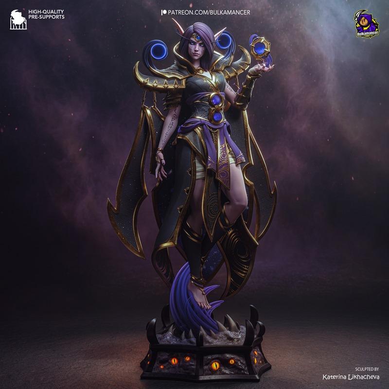 Xal'atath figure from World of Warcraft by Bulkamancer Sculpts, wearing dark and gold robes, holding a magic orb, sta...