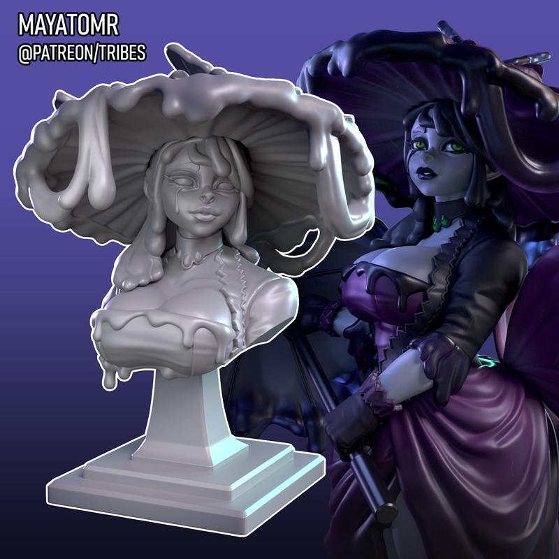 3D model bust of a gothic witch with a slime-covered mushroom hat and revealing purple dress. Tears stream down her f...