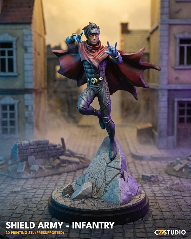 3D print model of Marvel's Wiccan in a dynamic pose, casting magic with hands outstretched, wearing a red cape and da...