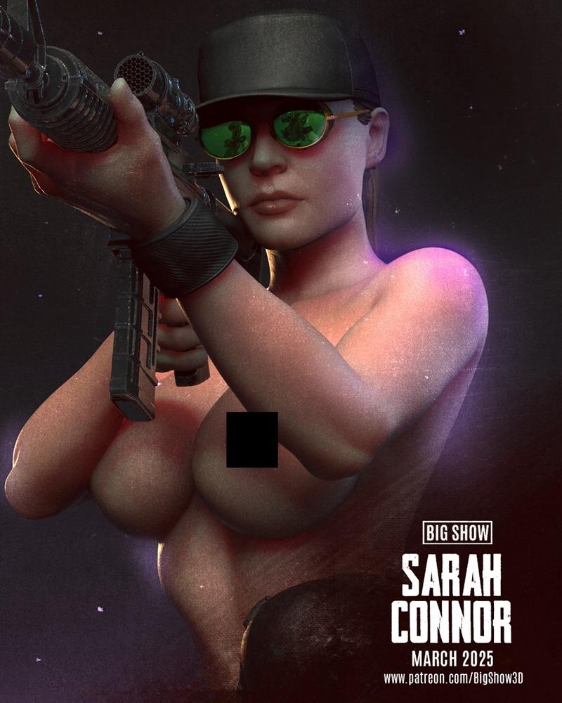 Sarah Connor aiming a rifle, wearing a baseball cap and green sunglasses, with exposed upper body. 3D model by Big Show.