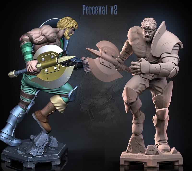 Two 3D models of a muscular warrior named Perceval v2. One is colored, wearing green tunic and metallic armor, holdin...