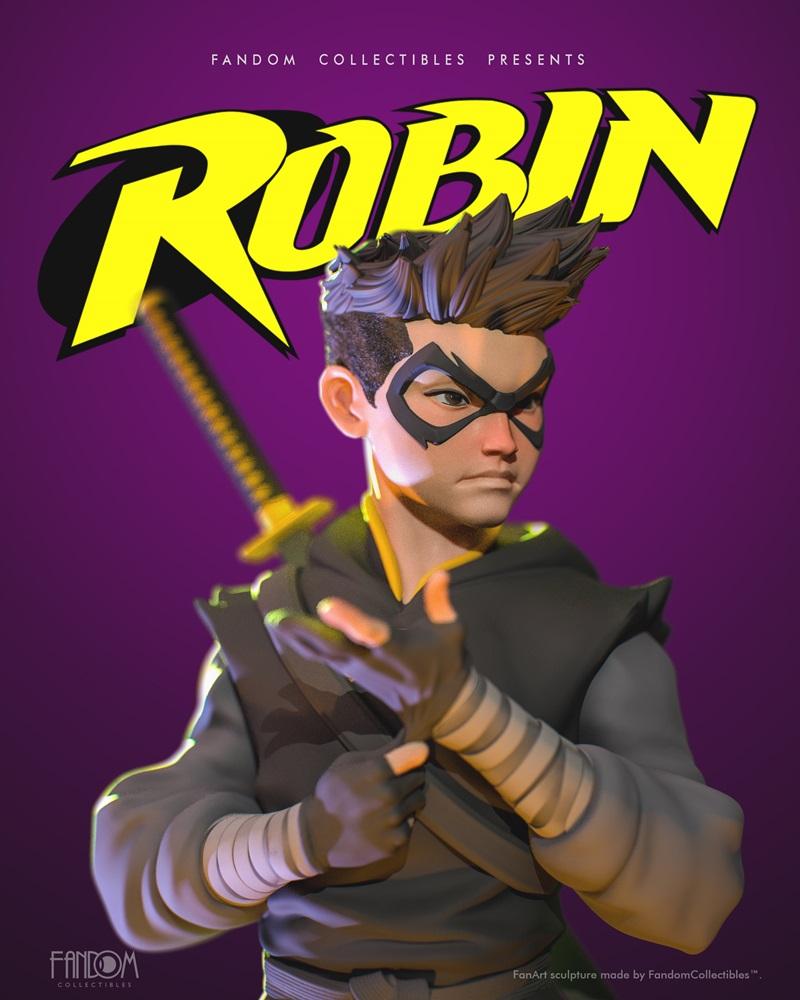 3D model figure of Robin Damian Wayne, wearing a black mask and hooded jacket, with a katana on his back. Fandom Coll...