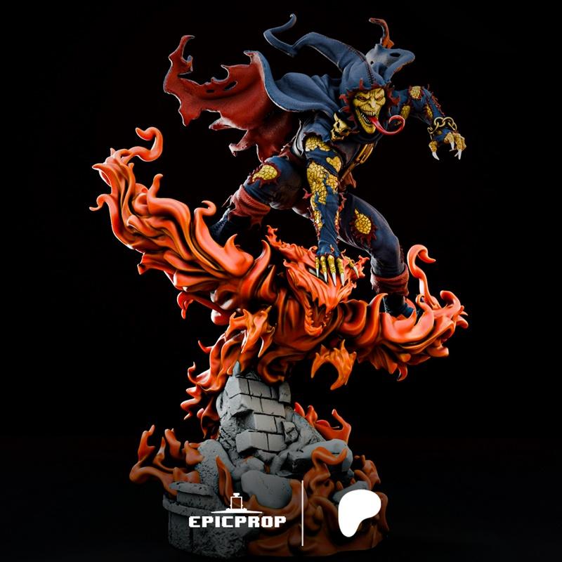 Demogoblin figure posed dynamically atop a fiery, demonic base, with tattered blue and yellow costume, red tattered c...