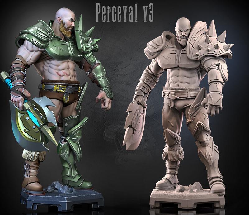 3D model of Perceval v3, a muscular bald warrior with a beard, wearing spiked armor and holding a glowing axe. Shown...