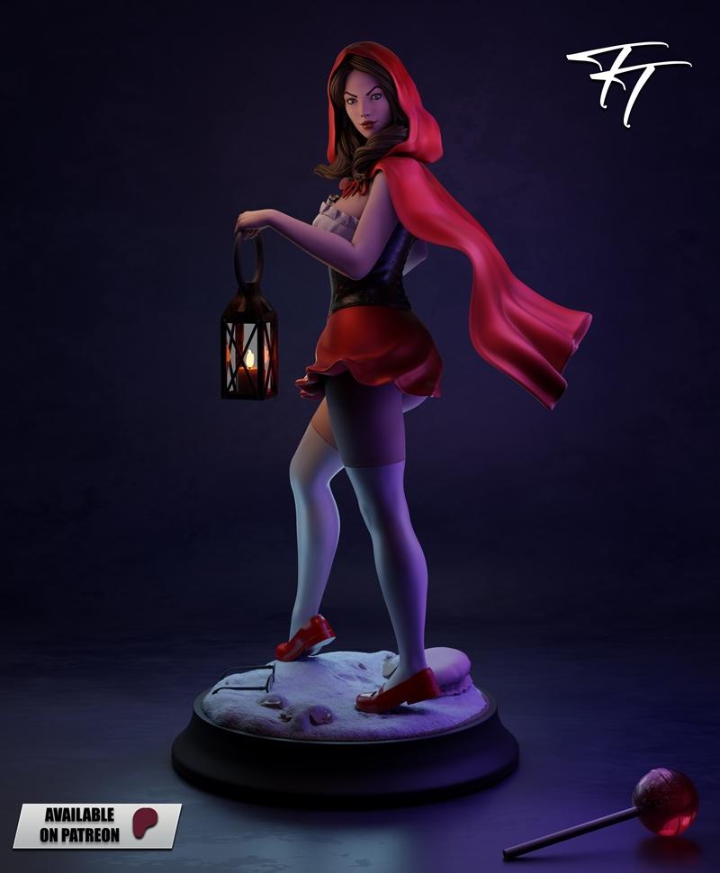 3D model figure of a woman in a red hooded cloak and short skirt, holding a lantern. She wears stockings and red shoe...