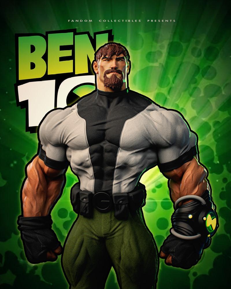Ben 10000, a muscular man with a beard, wearing a black and white shirt and green pants, with the Omnitrix on his wri...