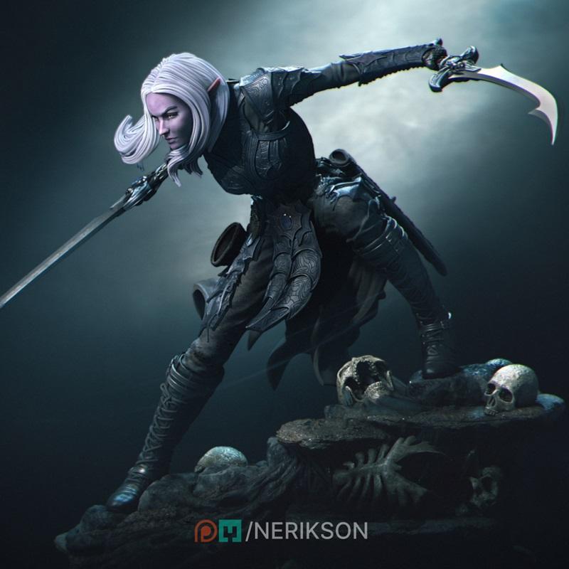 Lierin the Drow Fighter 3D model, poised in a dynamic combat stance with two swords, standing on a base of skulls and...