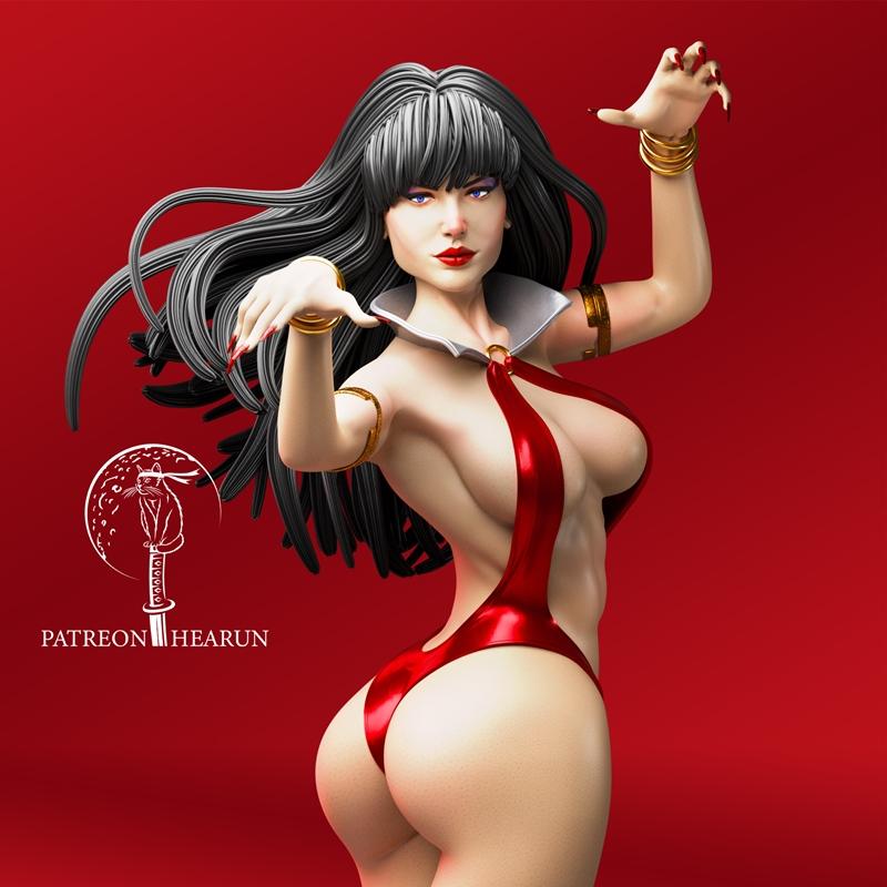 Vampirella 3D model figure by Hearun, wearing a revealing red costume, with long black hair and sharp fingernails, po...