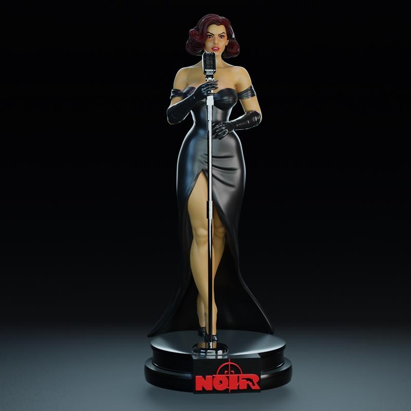 3D model of a woman in a black burlesque gown and gloves, holding a vintage microphone, standing on a circular base w...
