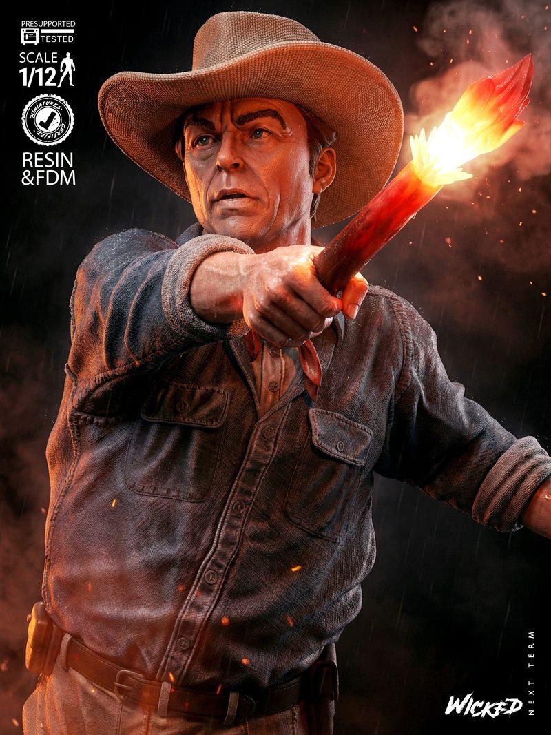 Alan Grant figure holding a flaming torch, wearing a cowboy hat and denim shirt. 1:12 scale, presupported, tested. St...