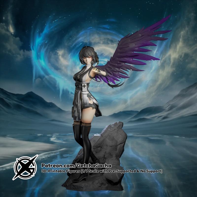 Female Rover (WuWa) from GetchaGacha in a heroic pose, wielding a sword and standing on a rocky outcrop.