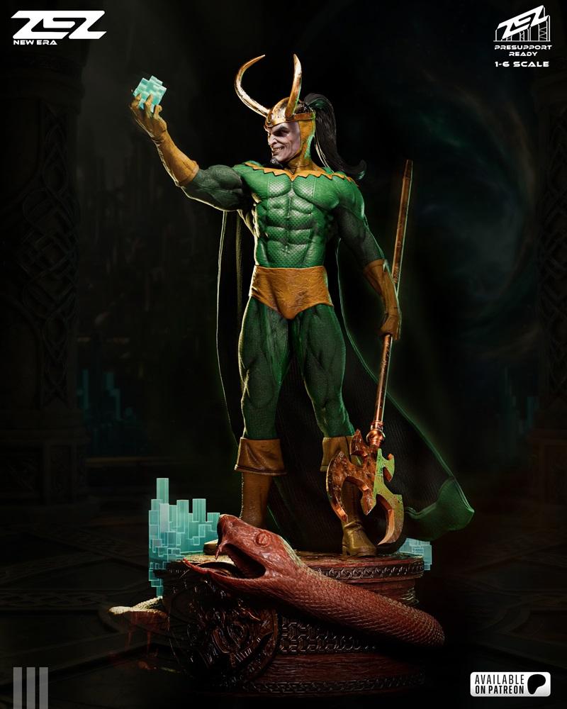 ZEZ Studio 1:6 scale 3D print model of Loki, holding a Tesseract and staff, with a snake on the base.