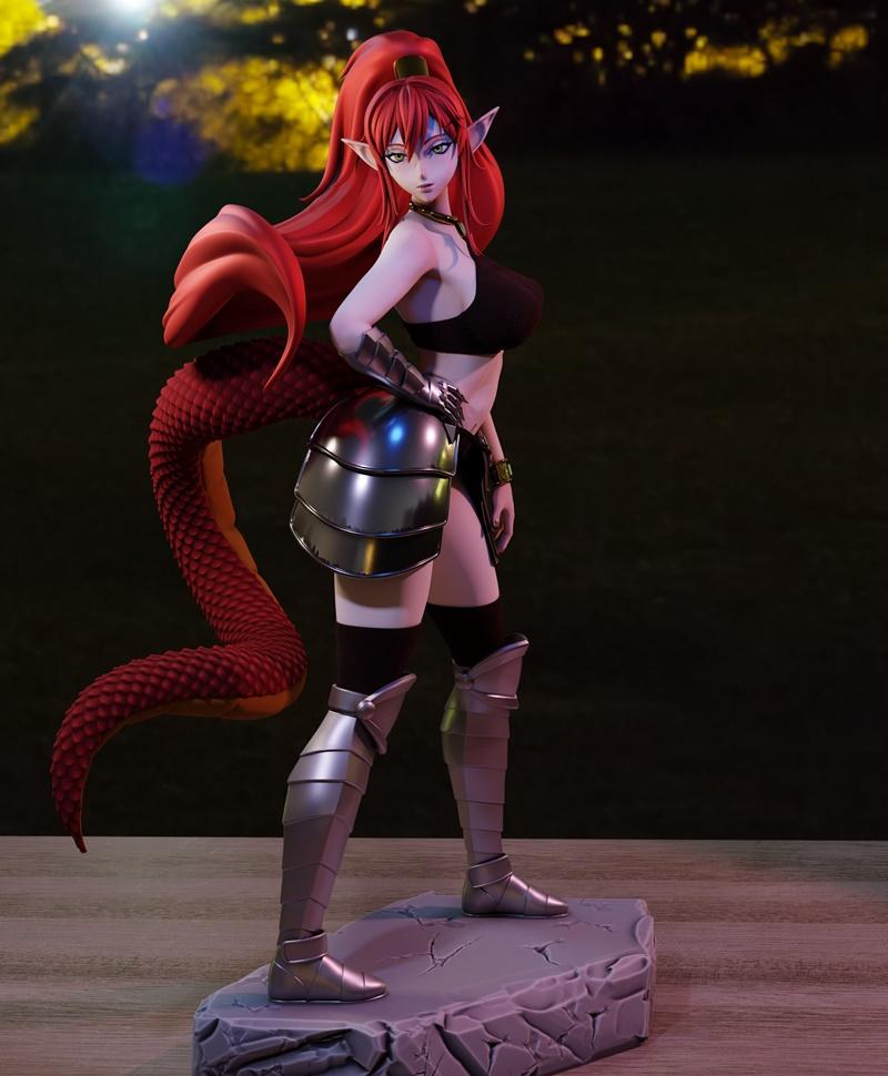 Female figure with long red hair, snake tail, and elven ears, wearing a black top and metallic armor pieces, standing...