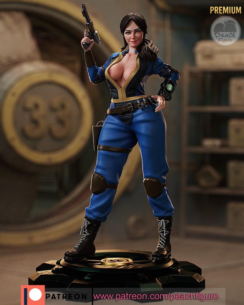 Lucy Maclean from Fallout in a blue Vault Suit holding a pistol, standing on a detailed base. Peach Figure 3D model.