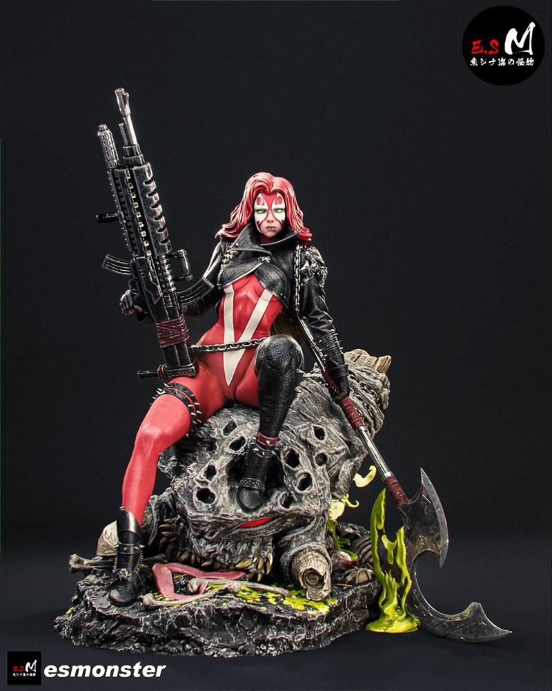 Female character Scorched from Spawn, seated on a monster base, holding a rifle and axe. Wears red and black costume...