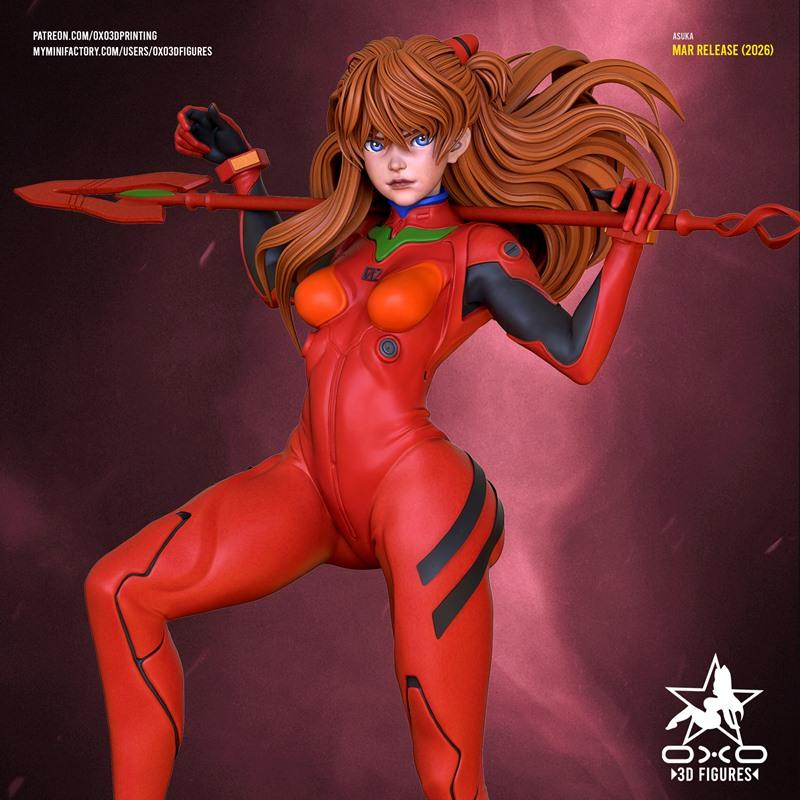 Asuka Langley Soryu in a red plugsuit holding a lance, 3D model by OXO3D Figures.