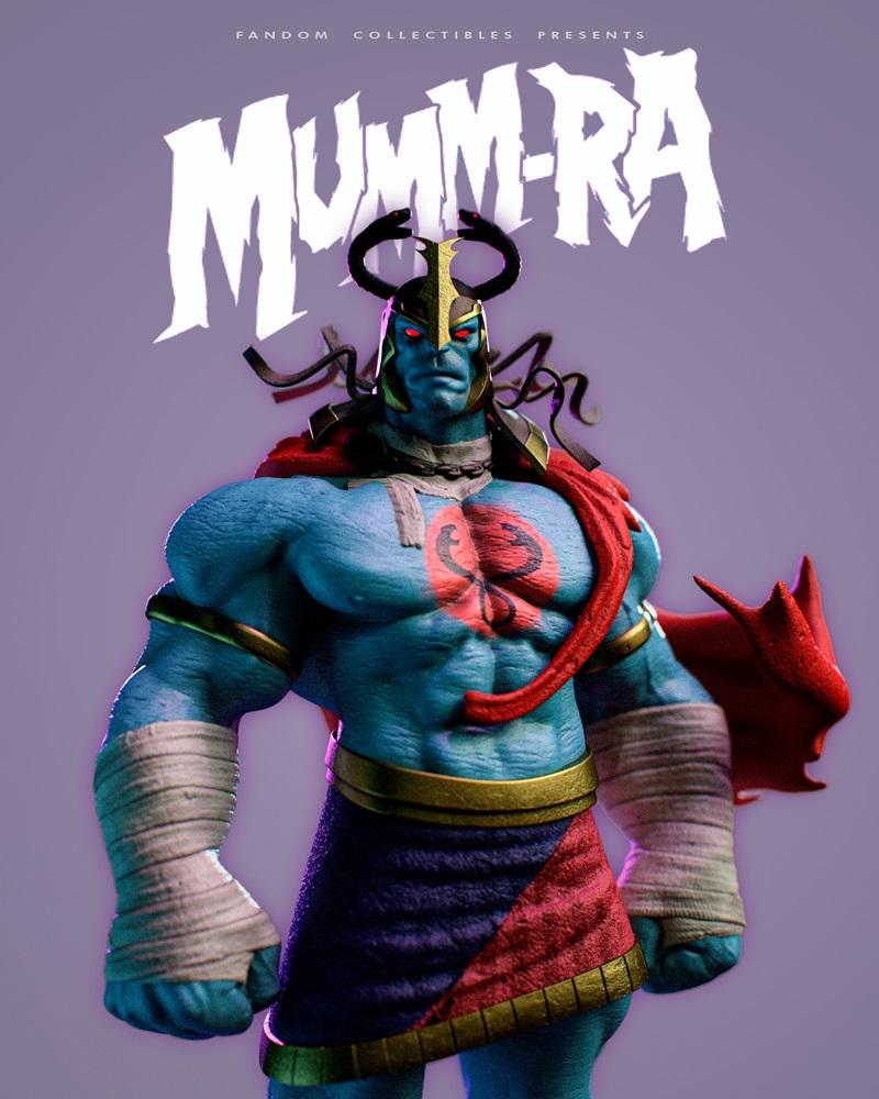 Fandom Collectibles Mumm-Ra 3D model figure, blue-skinned muscular character with red cape, golden armor, and bandage...