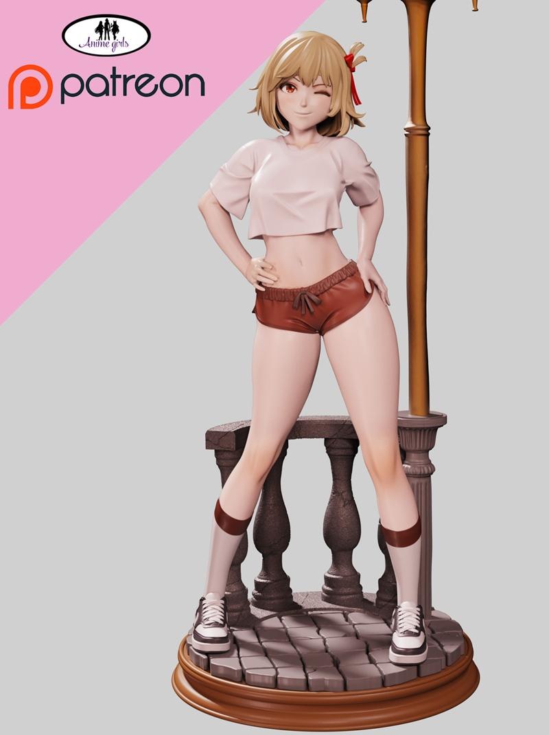Chisato v2 anime figure in a casual outfit, winking and posing with hands on hips, standing on a stone base with a la...