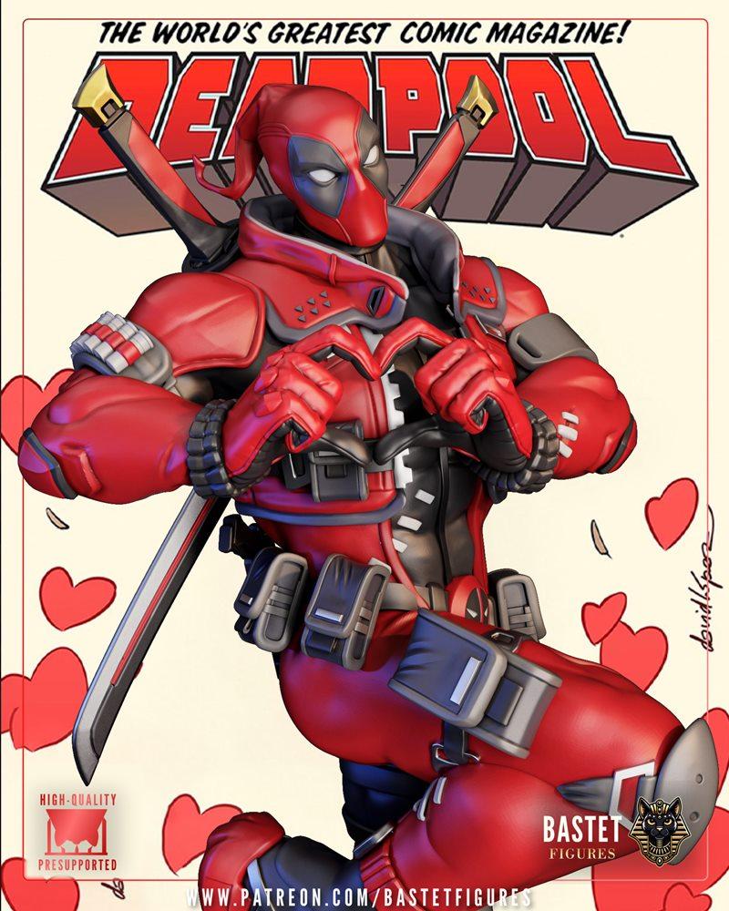 Deadpool figure in red and black suit, forming a heart with hands, swords on back, surrounded by hearts. Comic book s...