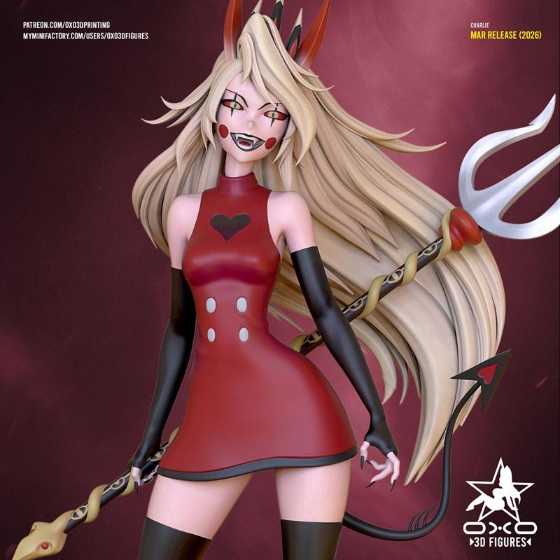 Charlie Morningstar from Hazbin Hotel, anime-style 3D model figure by OXO3D Figures. Red dress, black gloves, snake-t...