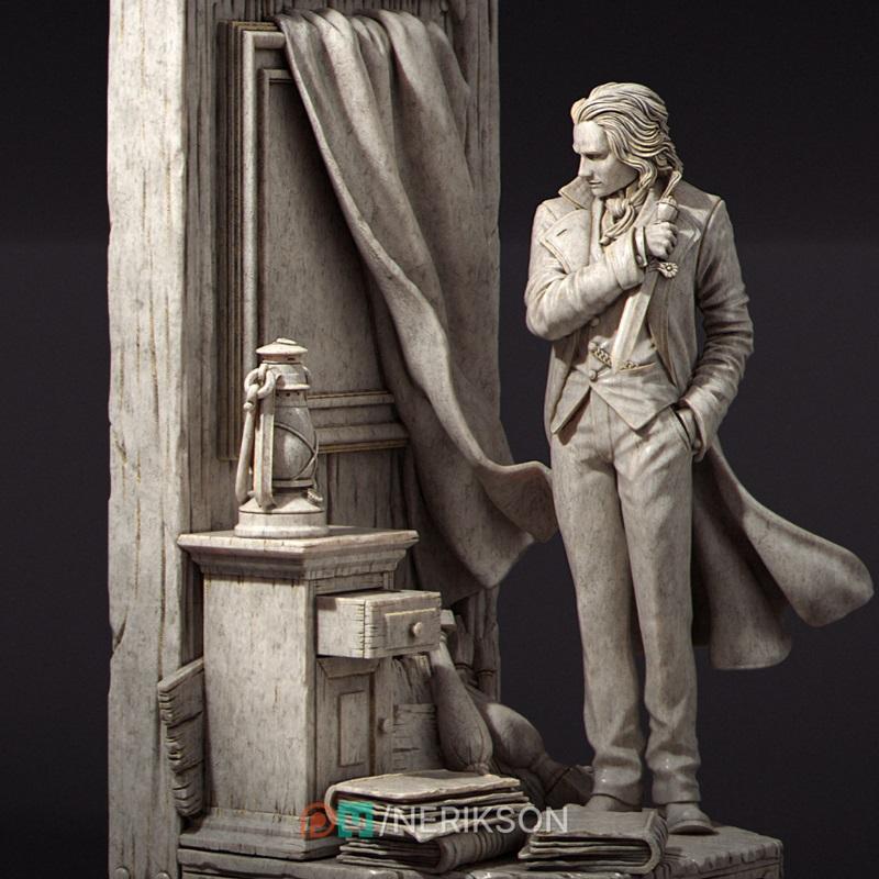3D model of Dorian Gray in Victorian attire, holding an object to his face, with a lantern, draped curtain, and books...